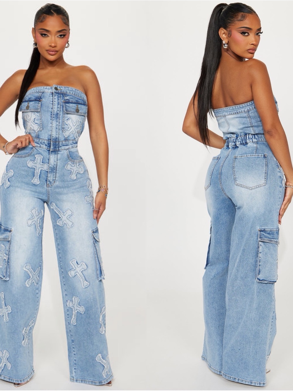 Fashion Nova Light Blue Strapless Wide-Leg Patch Denim Jumpsuit